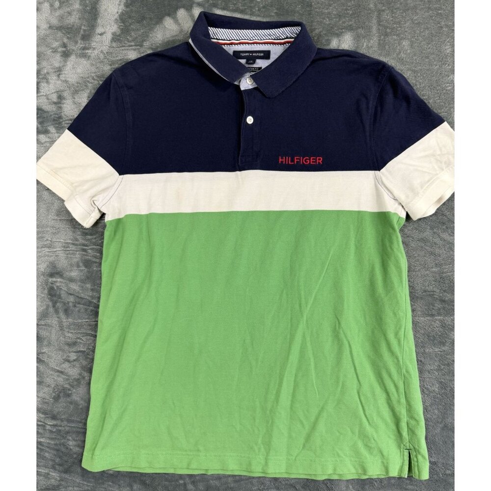 Tommy Hilfiger Mens Stripe Polo Shirt Custom Fit Large  Multicolor Navy White